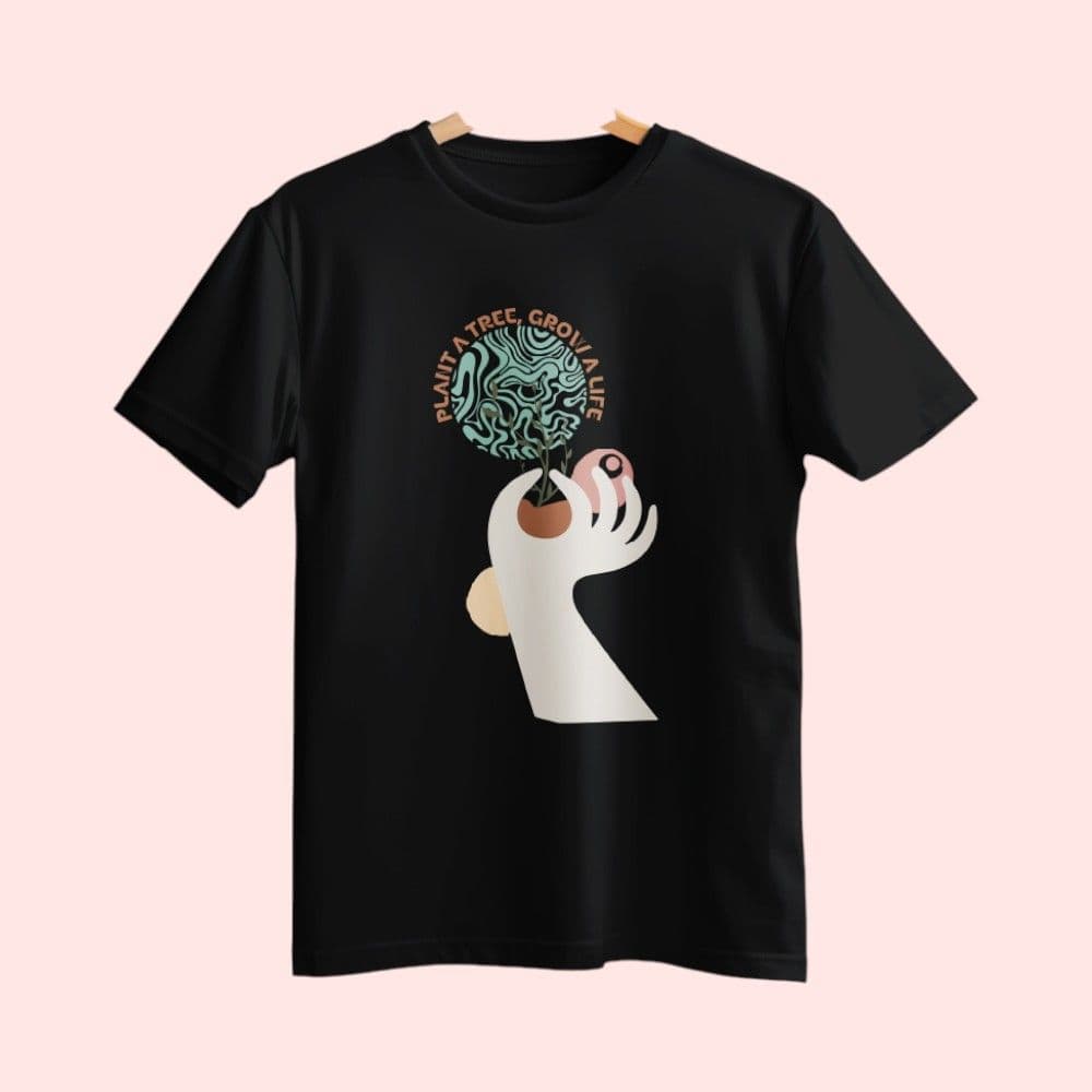 Greys&Blues Pima Plant A Tree Round Neck T-Shirt Black – Front View